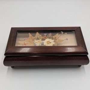 Vintage Wood Music Jewelry Box Brown Dried Flower Glass Inset Brass Feet Works